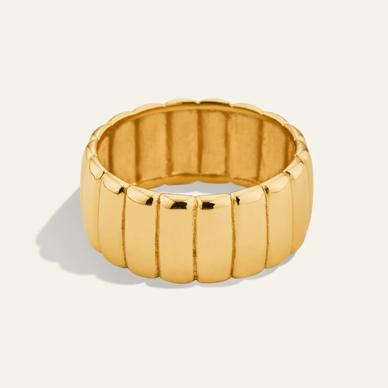 Ribbed Band Ring - Gold Plated Alloy Wide Metallic Design with Clean Ribbed Detailing Modern Essential Jewelry Piece