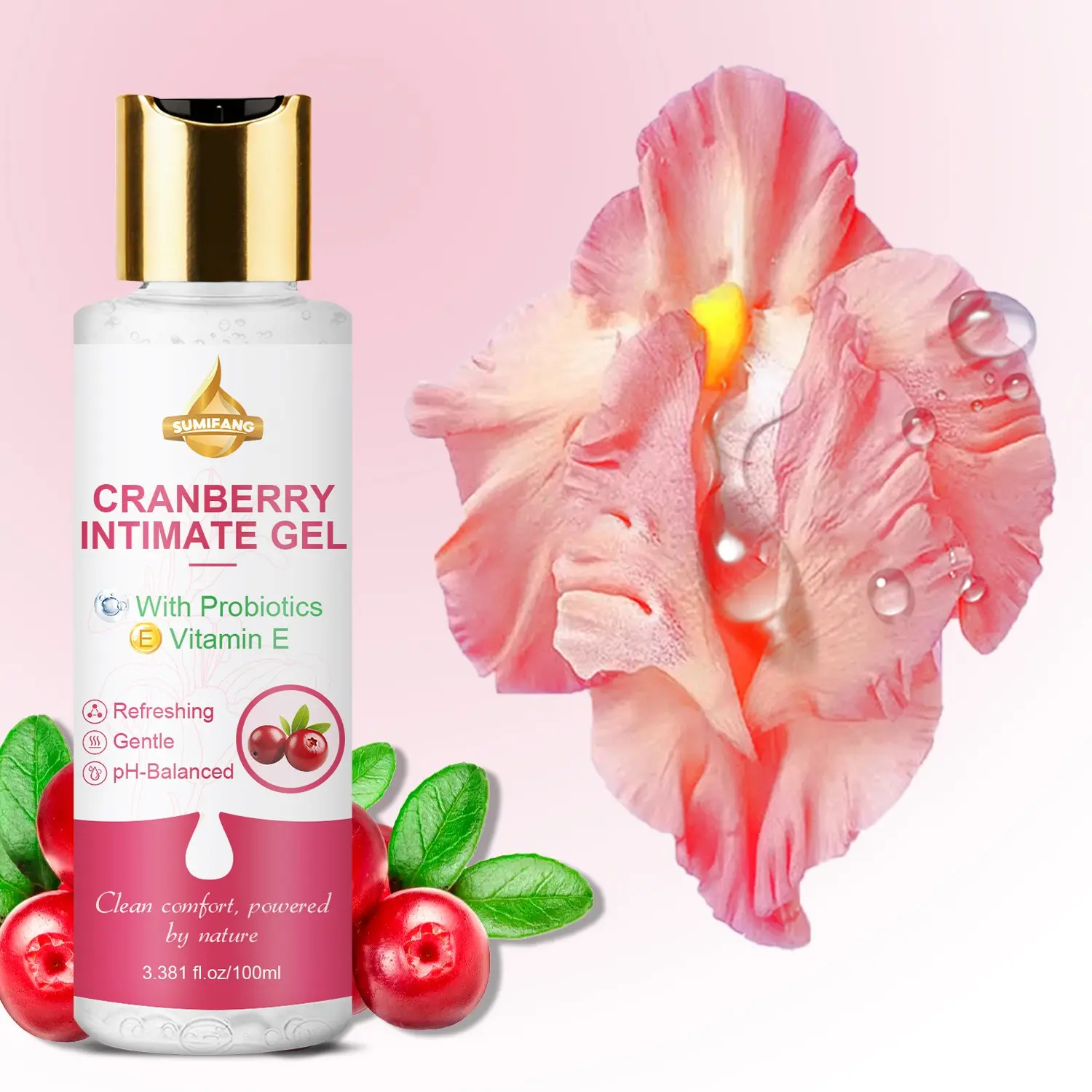 SUMFANG Cranberry Intimate Care Gel 100ml, Cleansing, Cranberry + Probiotics + Vitamin E, Cleanses & Eliminates Odor, pH-Balanced & Non-Irritating, Formulated for Women's Intimate Care, Refreshing, Moisturizing, & Soothes Dryness