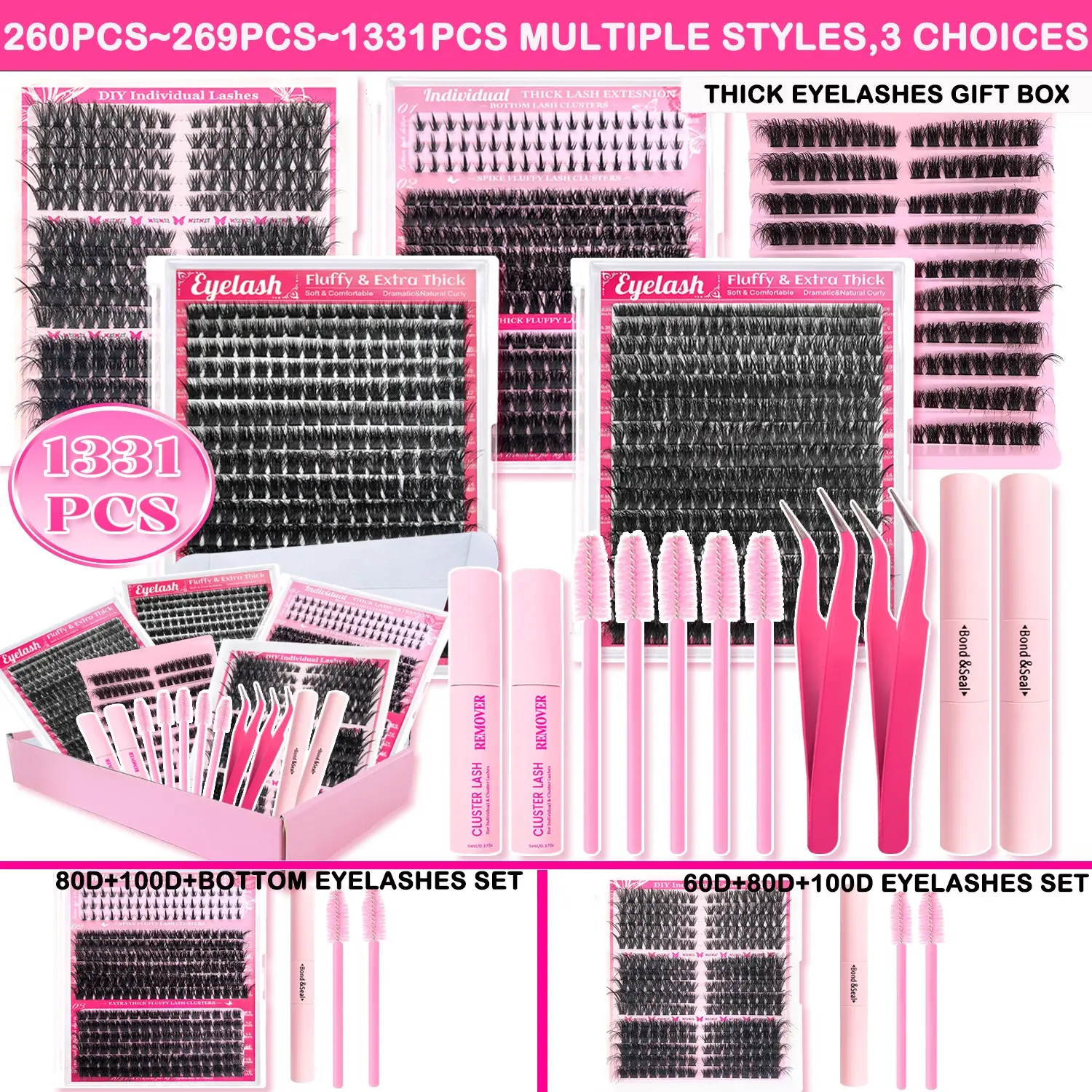 16 Counts Thick False Eyelash Set, 60D+100D Volume Curl Cluster Lashes, Volume Eyelashes, Mixed Length 9-16mm DIY 5D Individual Eyelash Extension Kit with 2 Glues, 2 Tweezers, 2 Removers, Fluffy Natural Lashes for Wedding and Daily Use