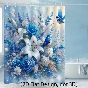 Nordic Style Blue Rose Lily Flower Shower Curtain, High-End Elegant Floral Bathroom Curtain, Multi-Functional Shower Curtain, Bathroom Decoration