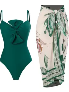 2026 Summer Dark Green Bow Two-Piece Swimsuit - Dark green bow top paired with printed wrap skirt, elegant ladies' two-piece beach set - SummerVibes