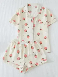 Women's Cute Strawberry Print Top & Shorts Pyjama Two-piece Set, Casual Comfy Short Sleeve Top & Shorts Pj Set, Ladies Summer Sleepwear Pajamas Loungewear, Soft Sleepwear Loungewear