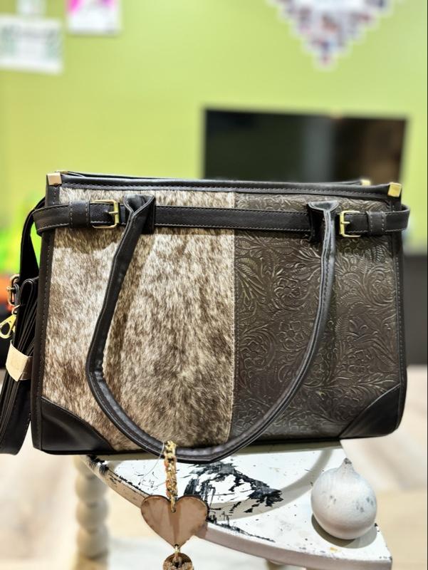 Cowhide Handbag with Heart Charm and Tassel Detailing