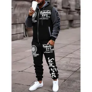 Men's Bold Print Urban Street Pullover Hoodie and Pants Set - Black and Red, with "Saints" Design, Polyester, Long Sleeve, Regular Fit, Spring and Autumn Casual Wear, Casual Streetwear Set |     Boldly Printed Pullover Sweatshirt |     Elastic fabric