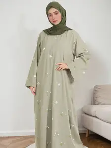 Women's Embroidery Zipper Loose Floral Print Abaya without Hijab, Elegant Long Sleeve Round Neck for Party, Ladies Islamic Clothing for All Seasons