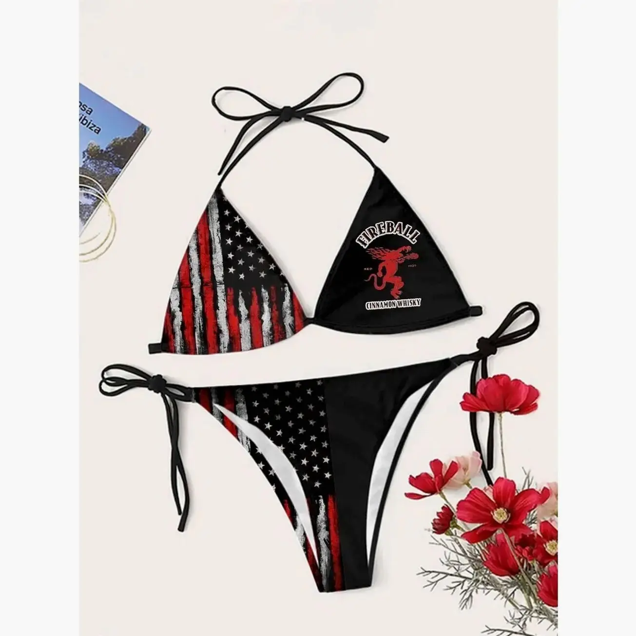 Fireball Whiskey American Flag Bikini Set - Perfect for Casual Drinking 096