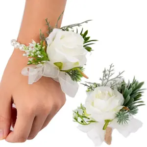 2PCS Rose Flower Wrist Corsage Boutonniere Set, Handmade Artificial Corsage Set, Bride Hand Flower Wristlet Band Bracelet and Men Boutonniere for Wedding Party Prom Decorations (White)
