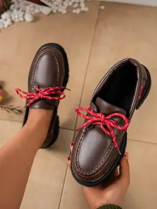 Black Chunky Platform Loafers with Red Laces