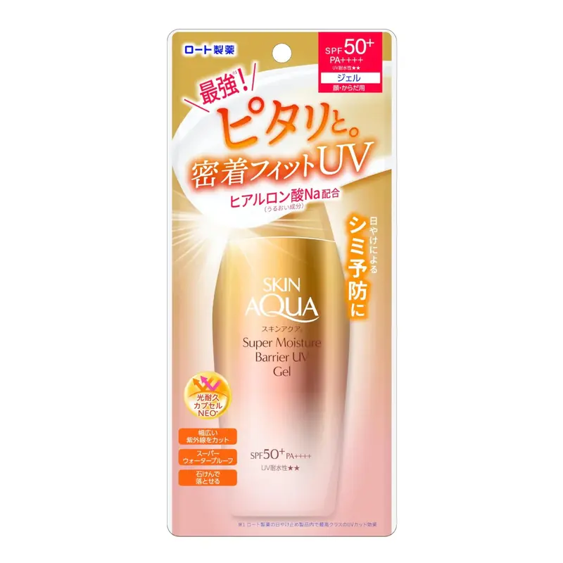 Rohto Skin Aqua Super Moisture Barrier Body Sunscreen Gel - 100g, SPF50+/PA++++, Lightweight, 24 Months Shelf Life, for Adults, All Skin Types, with Glycerin, Hyaluronic Acid, Bisethylhexyloxyphenol Methoxyphenol Triazine