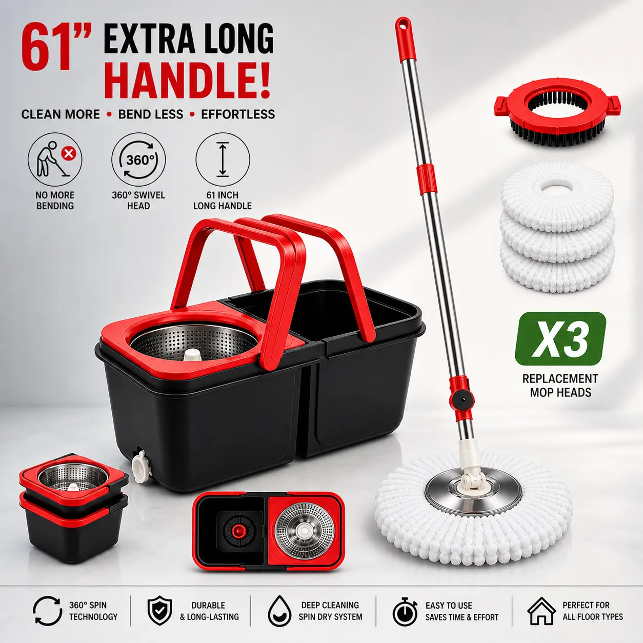 360 spin mop and bucket，3 Microfiber Mop Replacement Heads, Adjustable Telescoping Spin Mop Set，for Shop Floor Cleaning，Handle Efficient Cleaning Supplies