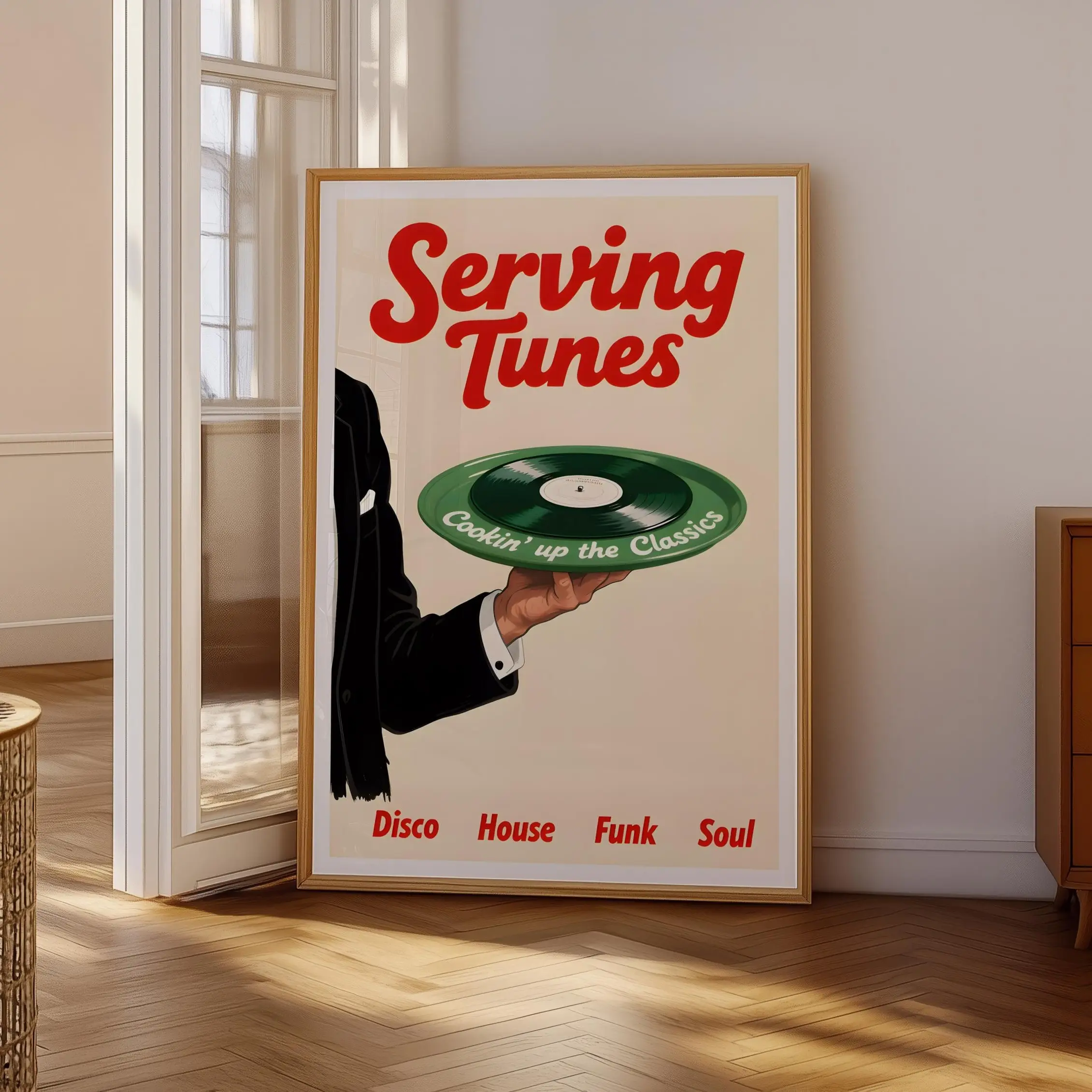 Serving Tunes Retro Music Poster, Vinyl Record Wall Art, Mid Century Bar Decor Poster