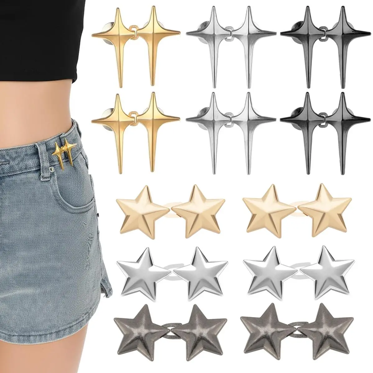 12-Set Durable Metal Star Button Waist Cinch Clip Pins - Customizable Fit Waistband Buckle for Teenage Girls, Reusable Clothing Cincher for Loose Jeans, Long-Lasting Versatile Home Decor Accessory