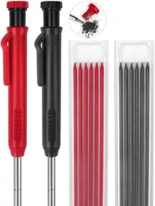 2 Pack Carpenter Pencils Mechanical Pencils with 12 Refills, Construction Pencils with Built-in Sharpener, Long Nib Deep Hole Pencil Marker, Heavy Duty Woodworking Pencils for Architect (2 Colors)