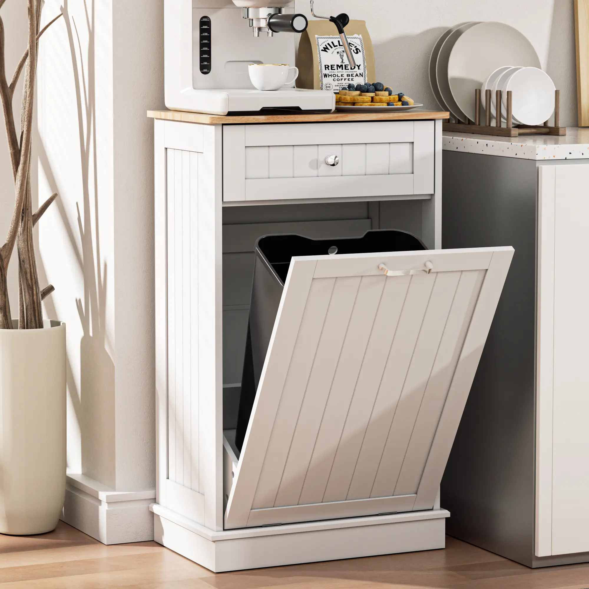 【Does Not Include Trash Can】 Spurgehom 13 Gallon Tilt-Out Hidden Trash Can Cabinet, Freestanding Garbage & Recycling Bin Holder with Pull-Out Drawer, Pet-Proof Kitchen Storage for Home summervibes Laundry Hamper End Table