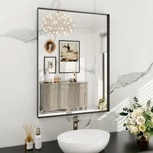 Black Bathroom Vanity Mirror 24x32 Inch Rectangle Matte Black Mirror with Square Corner Tempered Glass Wall Mounted Vertical/Horizontal for Bathroom Bedroom Living Room Entryway