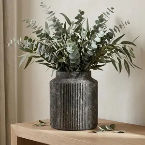 7" Rustic Black Ribbed Vase - Wabi Sabi Textured Ceramic Vase for Flowers, Vintage Fluted Decorative Vase for Farmhouse Home Decor, Entryway, Table Centerpiece