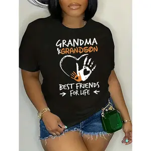 SHEIN Plus Size Grandma & Grandson Best Friends For Life Graphic T-Shirt Women's Casual Fit Short Sleeve Tee Top for Summer Womenswear Tshirt