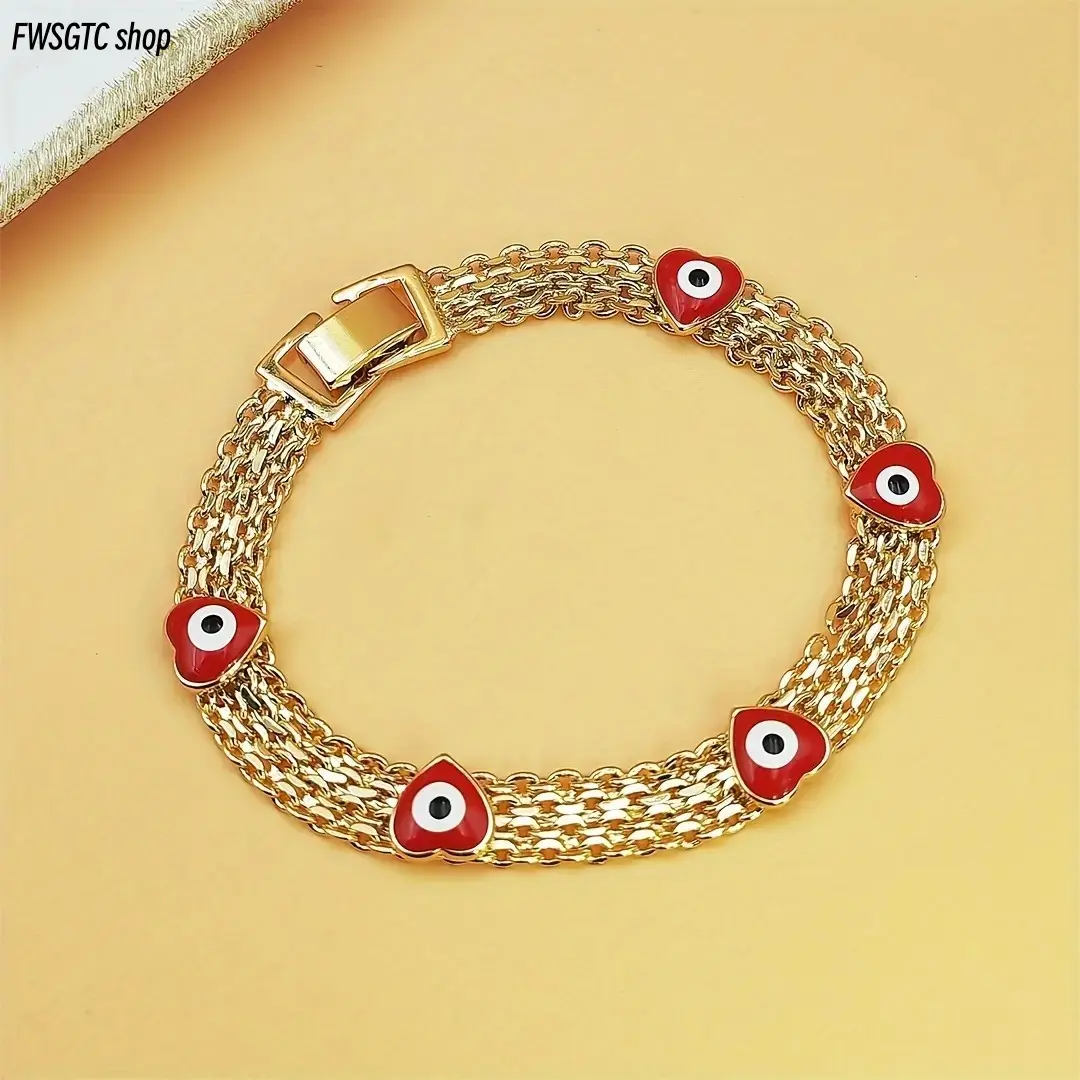 Boho-Chic Evil Eye Charm Bracelet for Women, Luxe Wide Golden-Tone Copper Chain with Red Bead Accents, Durable Protection Jewelry, Ideal for Everyday Wear & Festival Gifting