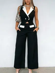2026 Summer Women Black White Colorblock Sleeveless Blazer Collar 2 Piece Outfit, Crop Waistcoat High Waist Wide Leg Pocket Pants Set, Chic Elegant Casual Office Commute Matching Outfit