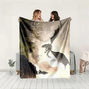 1 piece In a fantasy world, a dragon faces off against a hero. themed flannel blanket - Super soft fluffy flannel blanket, suitable for sofas and beds, all-season use, modern design, digital printing, 100% polyester material, machine washable