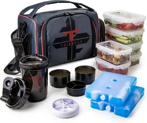 Red ThinkFit Insulated Meal Prep Lunch Bag Set - Includes 6 Portion Control Containers, Ice Packs, Shaker Cup, and More!
