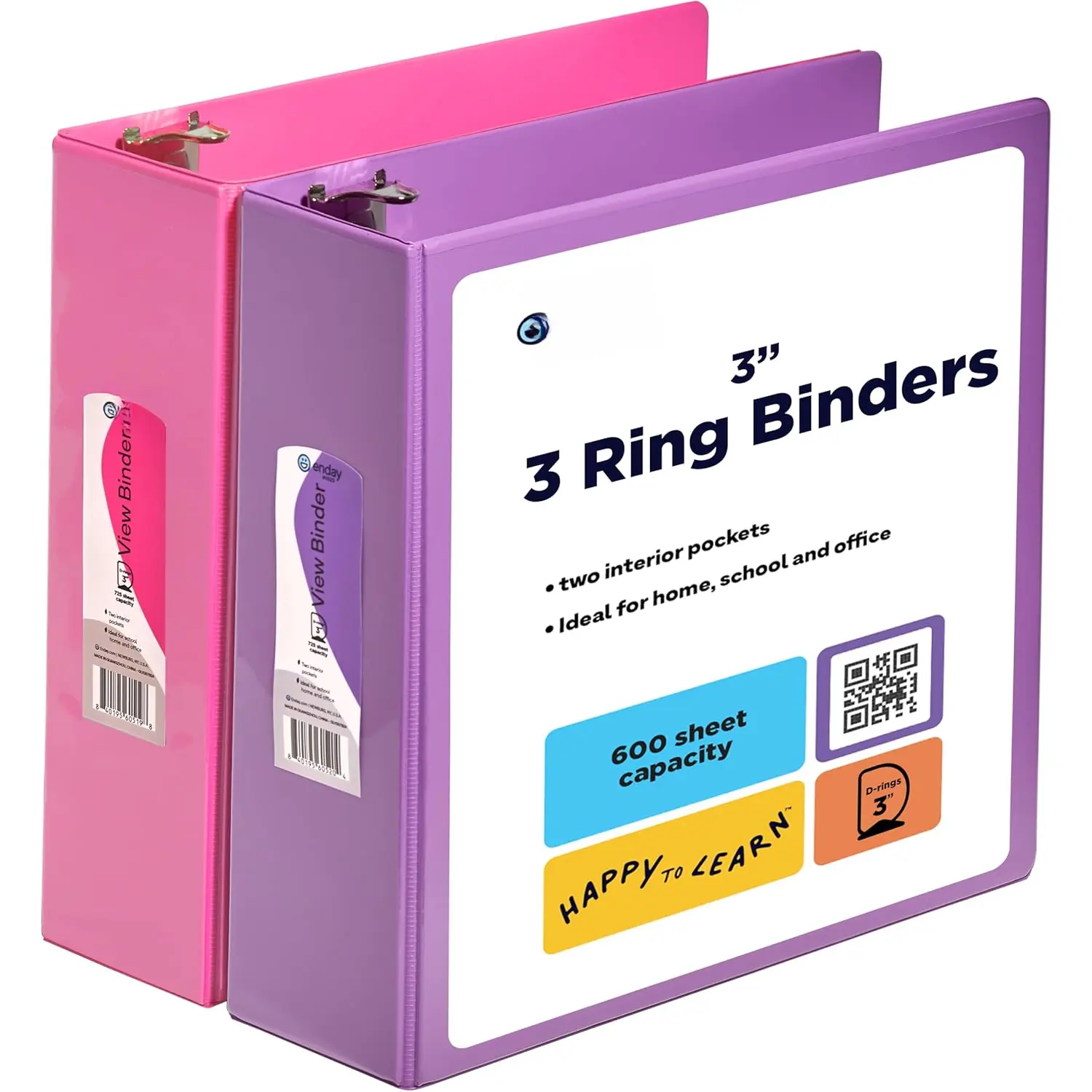 3 Inch Binder (2 Pack) Pink and Purple 3 Ring Binder 3 inch, Clear View Cover with 2 Inside Pockets, Three Ring Binders for Home, Office and School Supplies -