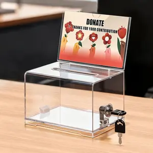 Clear Donation Box for Fundraising with Lock & Sign Holder, Valentines Day, Multi-Use Voting and Raffle Box, Tip Jar, Secure Storage, Durable Plastic, 6.2'' x 4.6'' x 4.0''