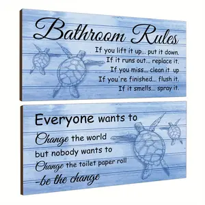 Blue Turtle Wooden Artistic Bathroom Wall Art Set, Humorous Ocean Theme Decor, Easy Installation Toilet or Bathroom Home Decoration