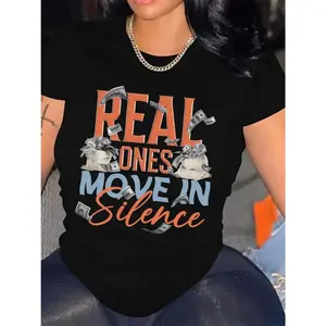 Women's Black Graphic T-Shirt "REAL ONES MOVE IN SILENCE" Print Short Sleeve Crew Neck 100% Cotton Casual Stylish Summer T-Shirt