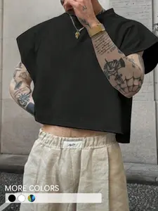 Men's Black Sleeveless Knit Cropped Top, Regular Fit T-Shirt, For Casual Street Style And Gym Fashion, Streetwear