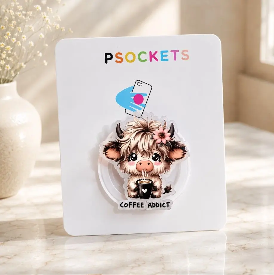 Coffee Addict Cute Highland Cow Phone Grip MagSafe, Highland Cow Bundle, Cute Animal Phone Holder, Sparkly Phone Accessory Cellphone