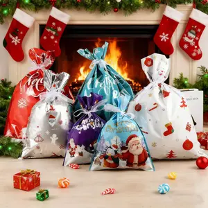 Package Holiday Drawstring Gift Bags, 24pcs Christmas Foil Gift Wrapping Sacks Pouches for Xmas Presents Party Favor