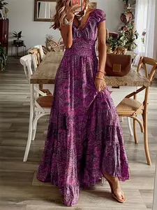 Plus Size V-Neck Short Sleeve Maxi Dress, Casual Wear, Bohemian, Paisley Print, Smocked Waist, Tiered Ruffle Hem, Scalloped Edge, Womenswear