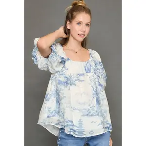 Two Tone Toile Print Top