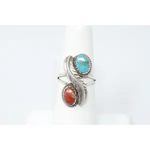 Vtg Southwestern Unsigned Turquoise Coral Feather Sterling Silver Ring Sz 5.5