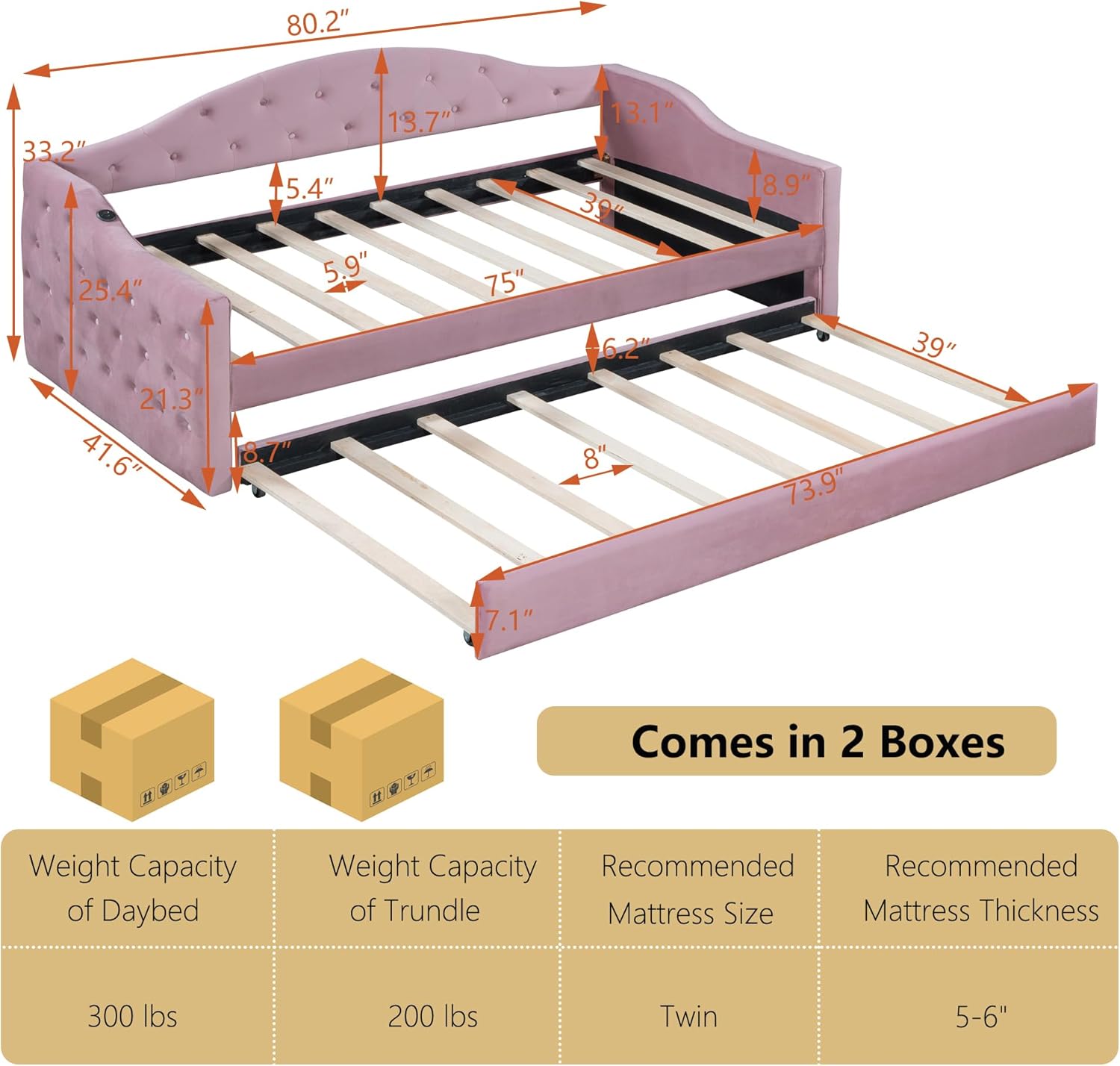 Upholstered Daybed and Trundle, Velvet Modern Button Tufted Twin Size Daybed Frame with USB&Type-C Charging Ports, Daybed Sofa Bed with Wood Slat Support, for Bedroom Living Room Guest Room (Pink)