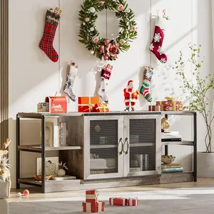 Rustic Gray TV Stand for 55-75 Inch TVs Farmhouse Entertainment Center with Open Shelves Storage Cabinets and Industrial Mesh Doors Ideal Gray