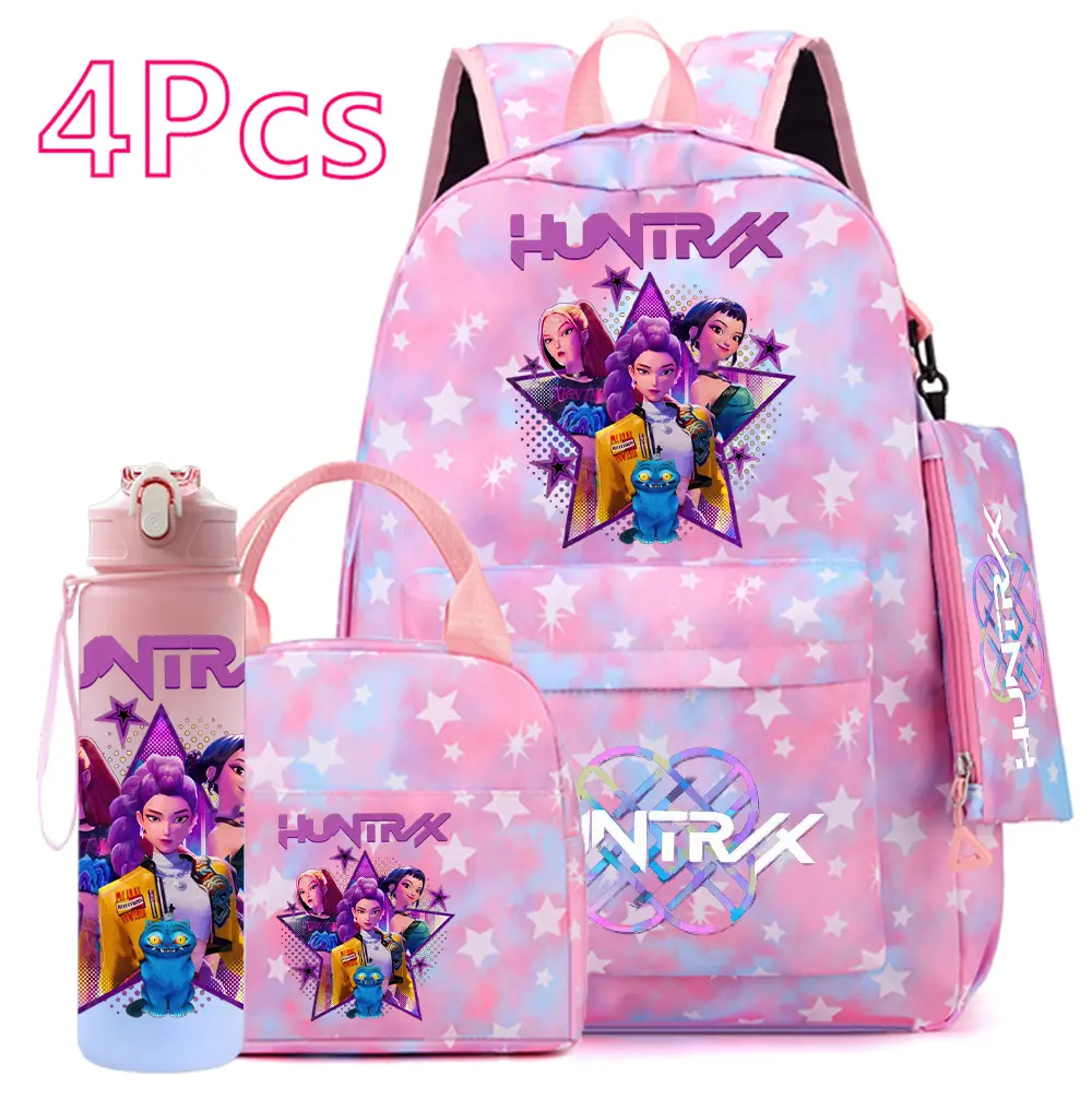 4PCS K-Pop Demon Hunters Backpack Set for Girls – Rumi, Mira & Zoey Anime School Bookbag with Lunch Bag, Pencil Case & Water Bottle, Large Capacity Backpack for Kids & Teens