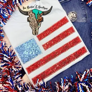 Flag Embroidered Tee - White Comfort Colors T-Shirt with Real Sequins