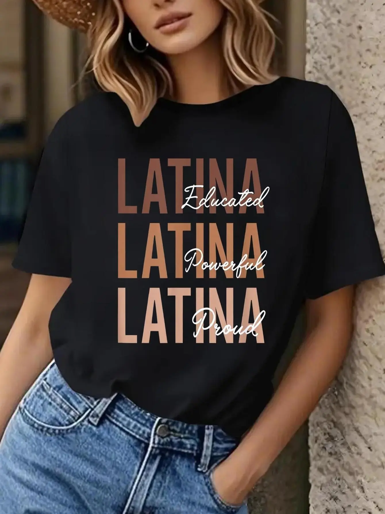 Women's Latina Pride Empowerment T-Shirt - Slim Fit Short Sleeve Spanish Lettering Top, Soft Medium-Stretch Fabric, Black with Brown "Latina" Text, Educated & Powerful Latina Apparel, Casual & Professional Outfits