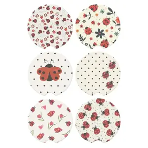 Cute Ladybug Car Coasters Set, Polka Dot Floral Cup Holder Insert, Absorbent Ceramic Car Accessories, Aesthetic Auto Decor, Girly Gift