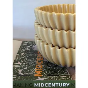 Making Midcentury FLUTED BOWL Round Ceramic Bowl with Ruffled Texture Light Brown Hue for Jewelry Storage