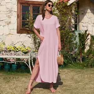 Pink V Neck Hidden Pocket Splits Maxi T-shirt Dress