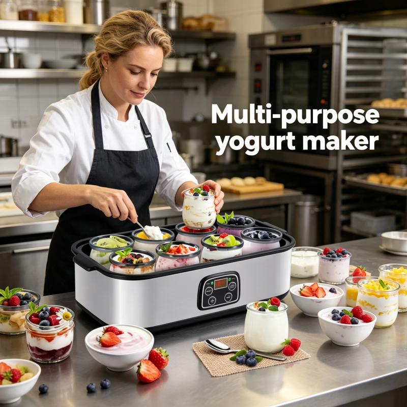 Fully automatic yogurt machine with adjustable temperature and 48 hour time control for fresh homemade yogurt desserts, 8 cans, LED display screen, multifunctional electric yogurt machine