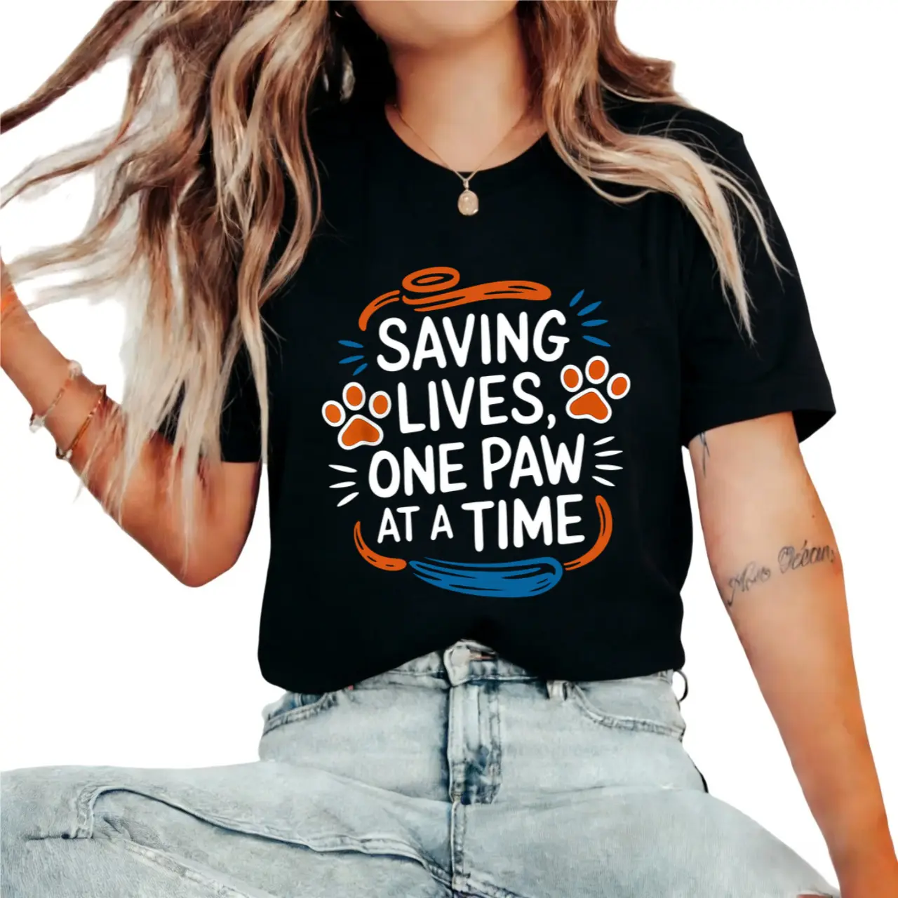Women'S Pet Rescue Graphic T-Shirt - "Saving Lives, One Paw at a Time" Design, Black Short Sleeve Crew Neck Casual Top for Spring & Summer, Animal Shelter Support Tee