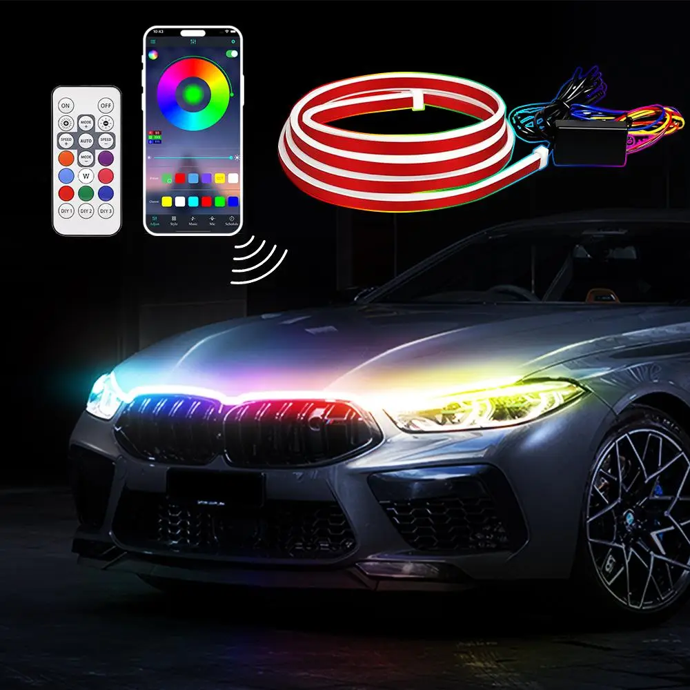 APP-Controlled RGB Dynamic LED Car Hood Light Strip, 1 Count Dynamic Scan Start Up Light Strip with Instruction & Remote Controller, Waterproof Flexib