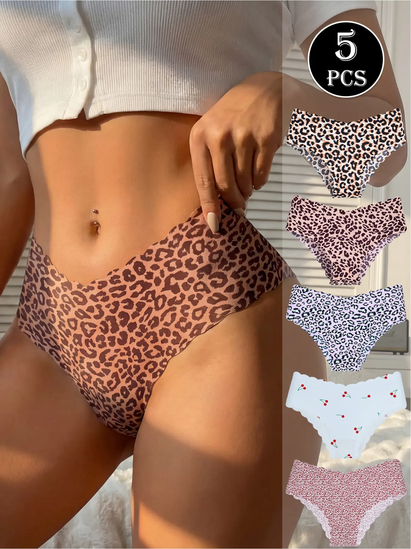 5 Pack Leopard Seamless Breathable Design Women Underwear Breathable Quick Dry Nylon Blend High Waist Panties Wave Lace Trim Yoga Fitness Dance Sports Comfort Elastic Soft Breathable Panties High Waisted Panty
