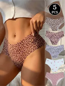 5 Pack Leopard Seamless Women Underwear Breathable Quick Dry Nylon Blend High Waist Panties Wave Lace Trim Yoga Fitness Dance Sports Comfort Elastic Soft Breathable Panties