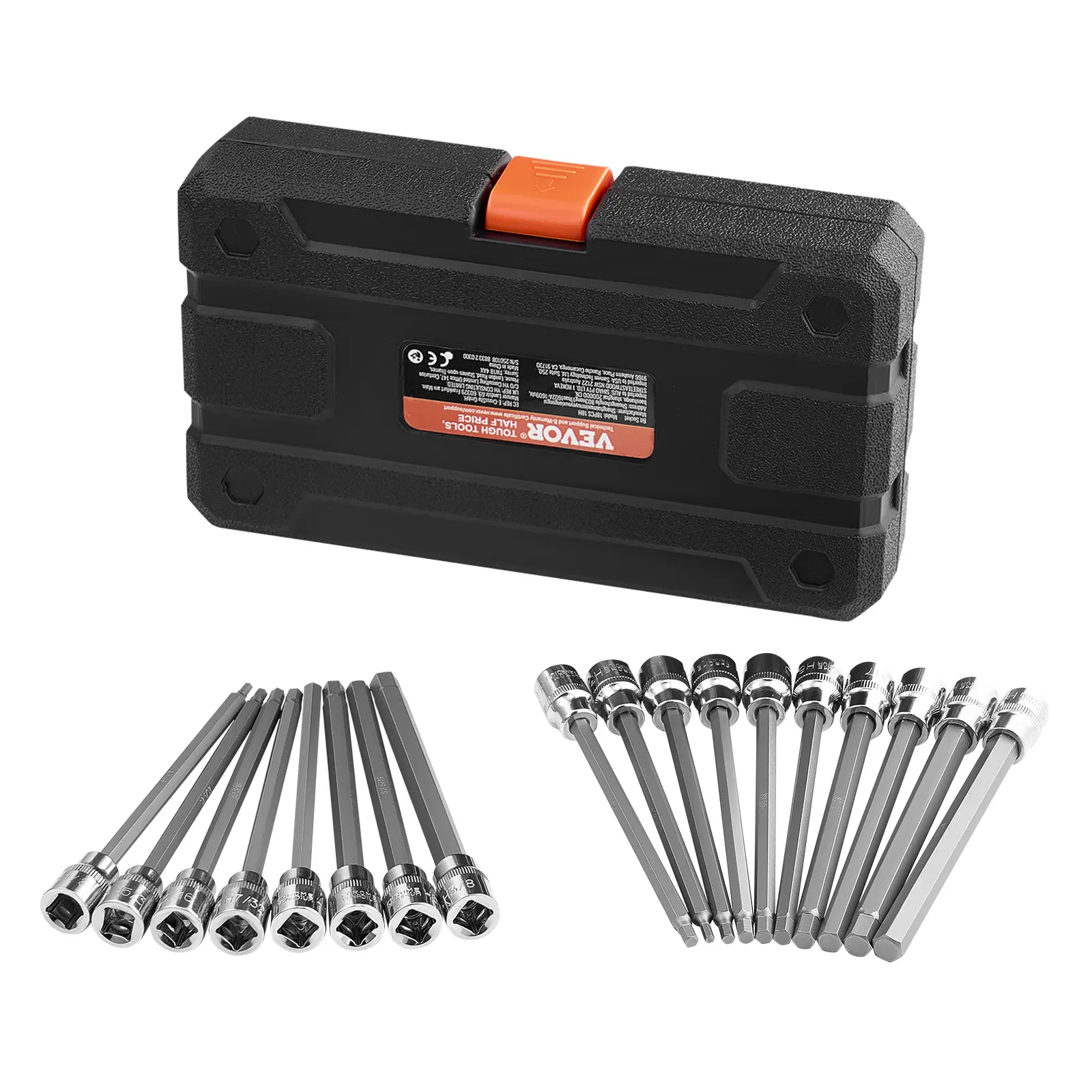 VEVOR 18-Piece Extra Long Allen Hex Bit Drive Sockets Set, 3/8 in Drive, 6-inch Extended Bits, S2 Alloy Steel, Durable, Rustproof, Easy Insertion, Metric & SAE Compatible Hand Tool