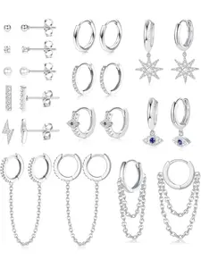 12 Pairs Dangle Hoop Earring Small Huggies Hoop Earrings for Women Girls Stainless Steel CZ Pearl Ball Tiny Stud Earring Evil Eye Bar Chain Hoop Earring Set for Women